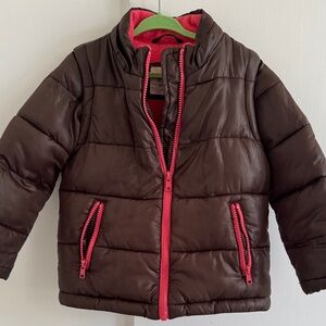 Mini Boden Kids Brown Puffer Jacket with Pink Trim